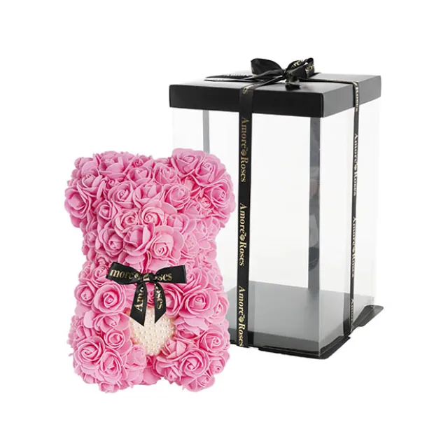 Amore Rose Bear w Pearl Heart & Black Bow Pink (25cmH)