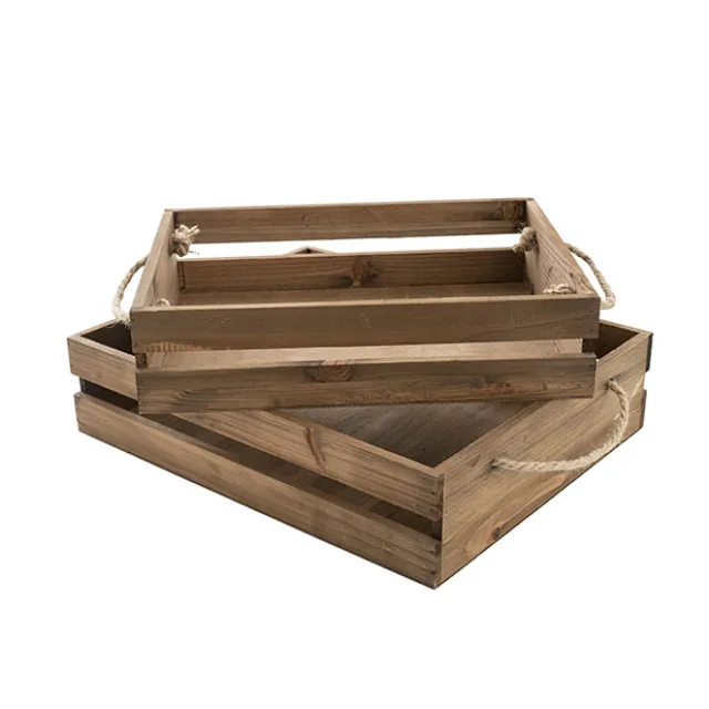 Wooden Crate Tray Rope Handle Set 2 Dark Brown (43x34x10cmH)