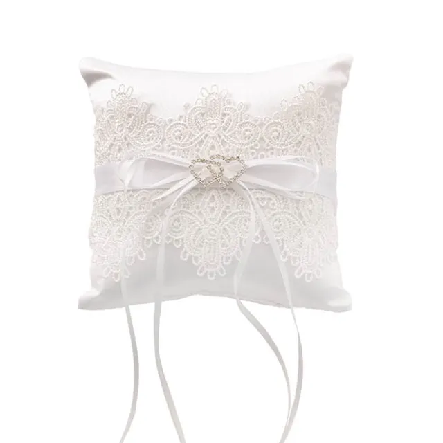 Wedding Ring Pillow w Lace Diamante Heart White (15x15cmH)