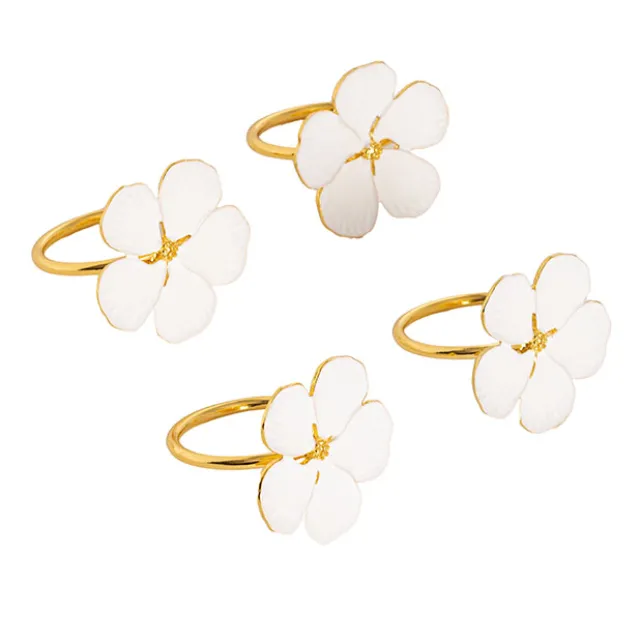 White Floral Napkin Ring Pack 4 Gold (4cmD)