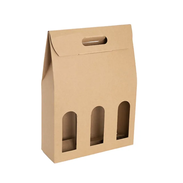 Wine Box Handle & Window 3 Bottles Kraft (26.5x9x39.5cmH)
