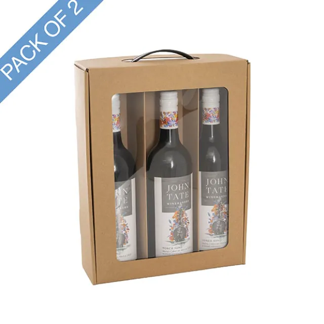Wine Window Carry Box 3 Bottles Kraft Pack 2 (25x9x34cmH)