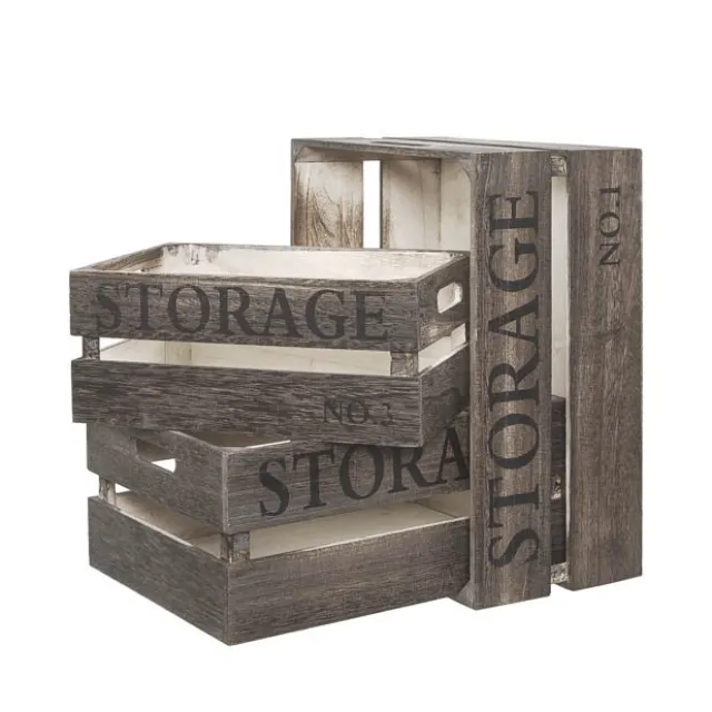 Wooden Crate Storage Box Set 3 Grey Brown (41x31x19cmH)