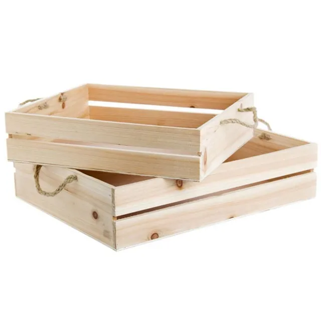 Wooden Crate Tray Rope Handle Set 2 Natural (43x34x10cmH)