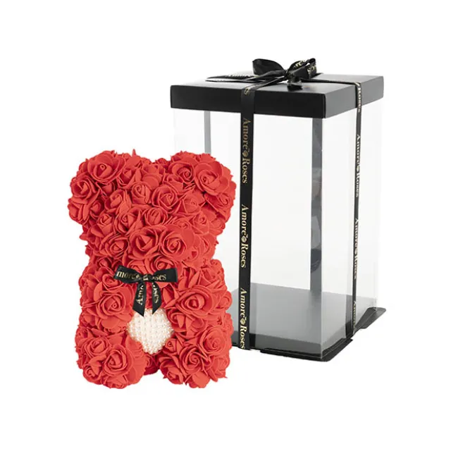 Amore Rose Bear w Pearl Heart & Black Bow Red (25cmH)