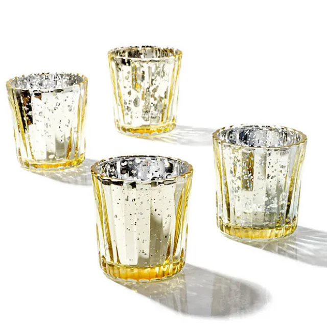 Glass Votive Candle Holder Stripe Mercury Gold (5.5Dx6.8cmH)