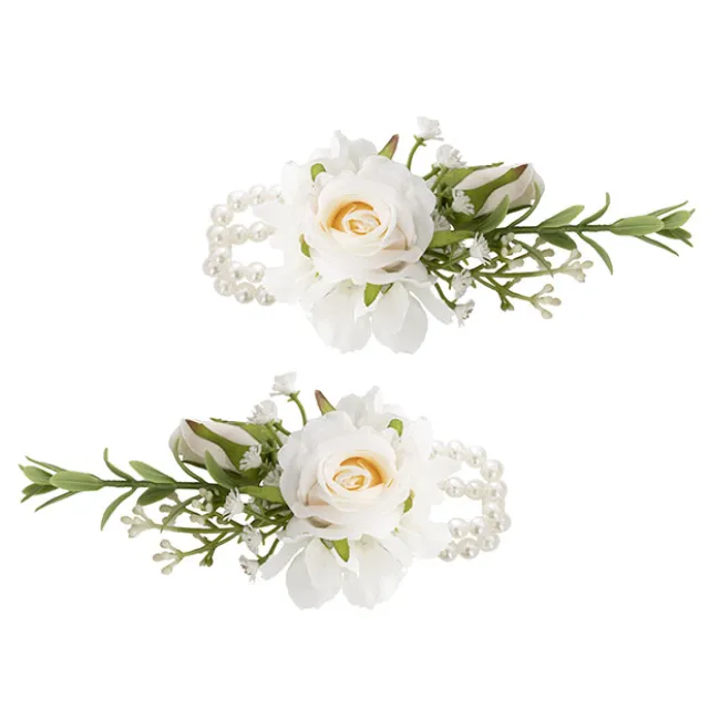 Rose & Baby's Breath Corsage Bracelet Pack 2 Beige (12cmH)